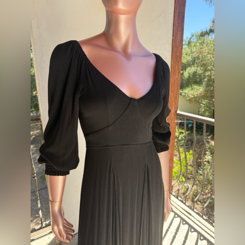 In Loom dress long maxi black -smocked back waist cuffs-slits-low neckline XS/S